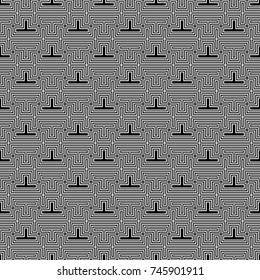 Repeated figures, lines, curves background. Seamless surface pattern design with modern ornament. Optical art motif. Grid wallpaper. Digital paper for page fills, web designing, textile print. Vector.