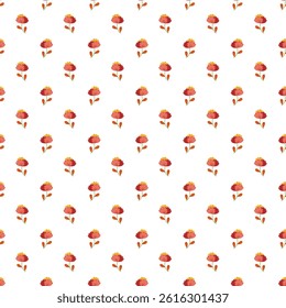 A repeated floral pattern featuring watercolor-finished flowers in red and orange, arranged on a white background, suitable for creative and decorative applications like textiles, backgrounds.