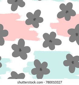 Repeated flowers and brush strokes. Floral pattern. Grunge, sketch, watercolor, graffiti. Vector illustration.