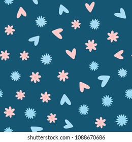 Repeated flowers and hearts. Cute seamless pattern for children. Endless print. Girly vector illustration.