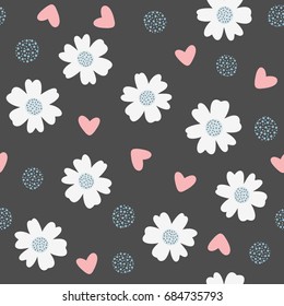 Repeated flowers, hearts and dots. Seamless pattern. Black, blue, white, pink color. Vector illustration.