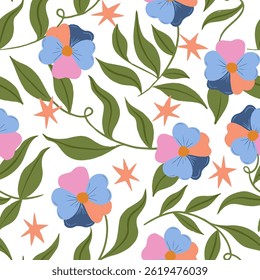 Repeated flowers pattern background in pink blue purple and green color