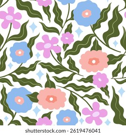 Repeated flowers pattern background in pink blue purple and green color