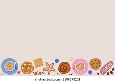 Repeated frame with cups of coffee, buns and cookies. Hand drawn vector illustration.