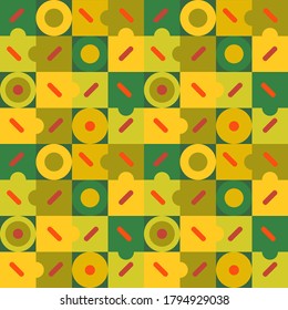 Repeated geometric green seamless pattern. Square and round forms with small decorative orange dotted line elements. Different green shades. Puzzle shapes ornament.