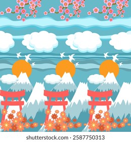 Repeated graphics of the scenery of Mount Fuji, Torii gates, and cherry blossoms.