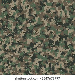 Patrón de camuflaje de Vector gráfico de píxeles verde y beige repetido. Fondo de pantalla militar geométrico en capas de cuatro colores Struct. Fondo de combate de enmascaramiento digital. Impresión textil Dark Pixel Camo.