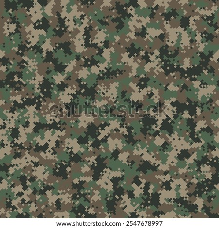 Repeated Green and Beige Pixel Graphic Vector Camouflage Seamless Pattern. Struct Four Color Layered Geometric Military Wallpaper. Digital Masking Combat Backdrop. Dark Pixel Camo Textile Print.
