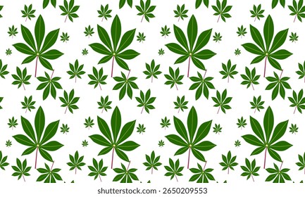 Repeated Green Cassava Leaf Pattern on White Background. Seamless pattern design