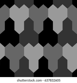 Repeated grey and black puzzle background. Seamless surface pattern design with mosaic ornament. Logic games motif. Pavement wallpaper. Digital paper, page fills, web designing, textile print. Vector.