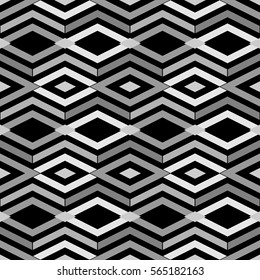Repeated grey figures on black background. Ethnic wallpaper. Seamless surface pattern design with rhombuses and lines ornament. Diamonds motif. Digital paper for textile print, web designing. Vector.
