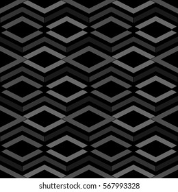 Repeated grey figures on black background. Ethnic wallpaper. Seamless surface pattern design with rhombuses and brackets ornament. Diamonds motif. Digital paper for textile print, web designing