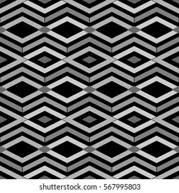 Repeated grey figures on black background. Ethnic wallpaper. Seamless surface pattern design with rhombuses and lines ornament. Diamonds motif. Digital paper for textile print, web designing. Vector.