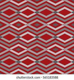 Repeated grey figures on dark red background. Ethnic wallpaper. Seamless surface pattern design with rhombuses and lines ornament. Diamonds motif. Digital paper for textile print, web designing