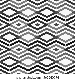 Repeated grey figures on white background. Ethnic wallpaper. Seamless surface pattern design with rhombuses and lines ornament. Diamonds motif. Digital paper for textile print, web designing. Vector.