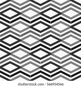 Repeated grey figures on white background. Ethnic wallpaper. Seamless surface pattern design with rhombuses and lines ornament. Diamonds motif. Digital paper for textile print, web designing. Vector.