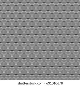 Repeated grey figures on white background. Honeycomb wallpaper. Seamless surface pattern design with regular hexagons. Polygons motif. Digital paper for page fills, web designing, textile print.