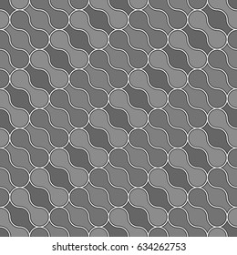 Repeated grey figures on white background. Rounded blocks wallpaper. Seamless surface pattern design with pavers. Mosaic motif. Digital paper for web designing, textile print. Vector art illustration.