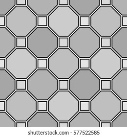 Repeated grey geometric figures with black outlines. Tiles wallpaper. Surface pattern design with regular octagons and squares. Diamonds motif. Digital paper for textile print, web designing. Vector.