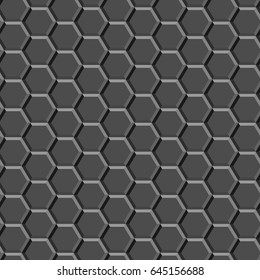 Repeated grey polygons on black background. Seamless surface pattern design with regular hexagons. Grill motif. Digital paper for page fills, web designing, textile print.