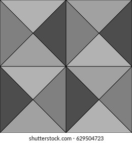 Repeated grey triangles on black background. Triangular blocks wallpaper. Seamless surface pattern design with tiles. Mosaic motif. Digital paper with polygons for page fills, web designing. Vector.