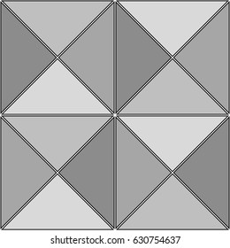 Repeated grey triangles on white background. Triangular blocks wallpaper. Seamless surface pattern design with tiles. Mosaic motif. Digital paper with polygons for page fills, web designing. Vector.