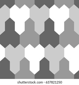 Repeated grey and white puzzle background. Seamless surface pattern design with mosaic ornament. Logic games motif. Pavement wallpaper. Digital paper, page fills, web designing, textile print. Vector.