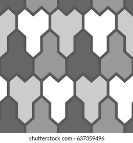 Repeated grey and white puzzle on dark background. Seamless surface pattern design with mosaic ornament. Logic games motif. Pavement wallpaper. Digital paper, page fills, web designing, textile print