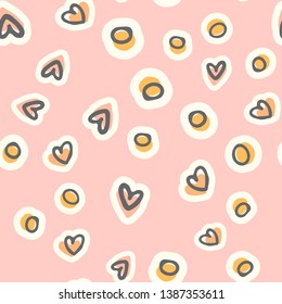 Repeated hand drawn round dots and hearts. Cute seamless pattern. Endless girly print. Vector ornament for wrapping paper, banners, flayers, cards and posters, for invitation on weddings. 