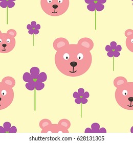 Repeated heads of funny bears and flowers with hearts. Cartoon seamless pattern. Vector illustration. Pink, light yellow, purple, green. Template for the design of children's clothes and bed linen.