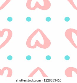 Repeated hearts and circles drawn by hand with rough brush. Cute romantic seamless pattern. Sketch, grunge, watercolor, paint. Simple girly vector illustration.
