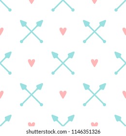Repeated hearts and crossed arrows. Lovely romantic seamless pattern. Endless cute print. Girly vector illustration.