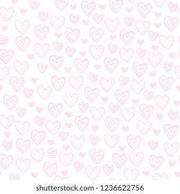 Repeated hearts drawn by hand. Cute seamless pattern. Endless romantic print. Vector illustration.