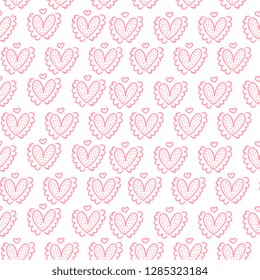 Repeated hearts drawn by hand. Cute seamless pattern. Endless romantic print. Vector illustration.
