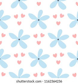 Repeated hearts and flowers drawn by hand. Simple floral seamless pattern. Cute print for girls. Girlish vector illustration.