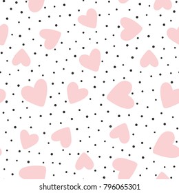 Repeated hearts and polka dot. Cute romantic seamless pattern. Vector illustration.