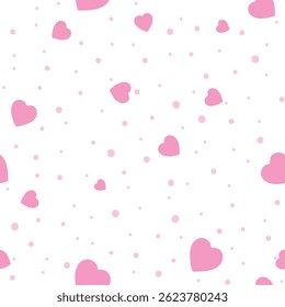 Corações repetidos e bolinhas. corações cor-de-rosa e pontos cor-de-rosa fundo padrão bonito. amor romântico fundo de cartões de dia dos namorados. papel de embrulho sem fim