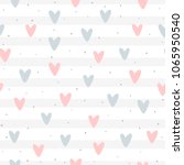 Repeated hearts and round dots on striped background. Romantic seamless pattern. Cute endless print. Drawn by hand. Girlish vector illustration. Pink, blue, gray, white.
