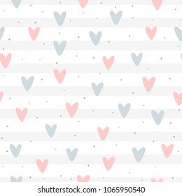 Repeated hearts and round dots on striped background. Romantic seamless pattern. Cute endless print. Drawn by hand. Girlish vector illustration. Pink, blue, gray, white.