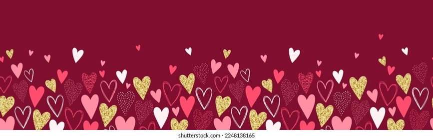 Repeated hearts seamless pattern, hand drawn with gold glitter effect,  Cute background. Endless romantic print - vector design