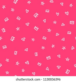 Repeated Hearts, Stars And Crowns Drawn By Hand. Cute Girly Seamless Pattern. Sketch, Doodle, Scribble. Endless Print For Girls. Girlish Vector Illustration.