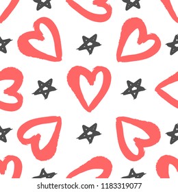 Repeated hearts and stars drawn by hand with rough brush. Stylish seamless pattern for girls. Sketch, watercolor, grunge, graffiti, paint. White, red, black. Trend vector illustration.