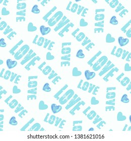 Repeated hearts with  text Love. Romantic seamless pattern. Endless cute print. Vector illustration.