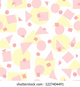 Repeated irregular geometric shapes. Simple girly seamless pattern with uneven circles, triangles and squares. Vector illustration. White, yellow, pink.