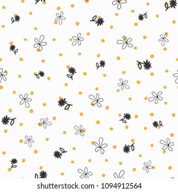 Repeated irregular polka dot and flowers drawn by hand. Floral seamless pattern. Doodle, sketch, scribble. Endless print. Trend vector illustration.