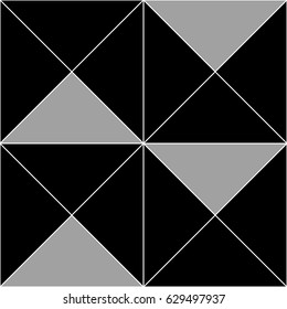 Repeated monochromatic triangles on white background. Seamless surface pattern design with tiles. Mosaic motif. Digital paper with polygons for page fills, web designing. Vector.