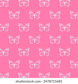 Repeated Motif of White Butterflies Pattern Against a Pink Backdrop. Elegant Summer Wedding Decor. Exotic Moth Wings Printable Art.