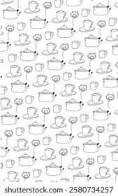 Repeated Mug, cup,tea kettle daisy flower line art black white pattern. Fabric textile wrapping paper