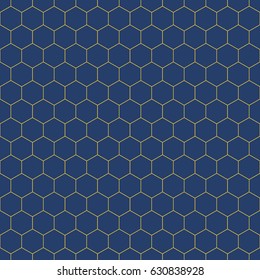 Repeated navy polygons on yellow background. Honeycomb wallpaper. Seamless surface pattern design with regular hexagons. Grill motif. Digital paper for page fills, web designing, textile print. Vector