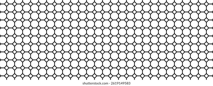 Repeated octagon shapes pattern. Tile floor surface. Grid or lace pattern. Mesh texture. Fence, fishnet, cage or lattice structure. Abstract geometric minimalistic print. Vector graphic Illustration.